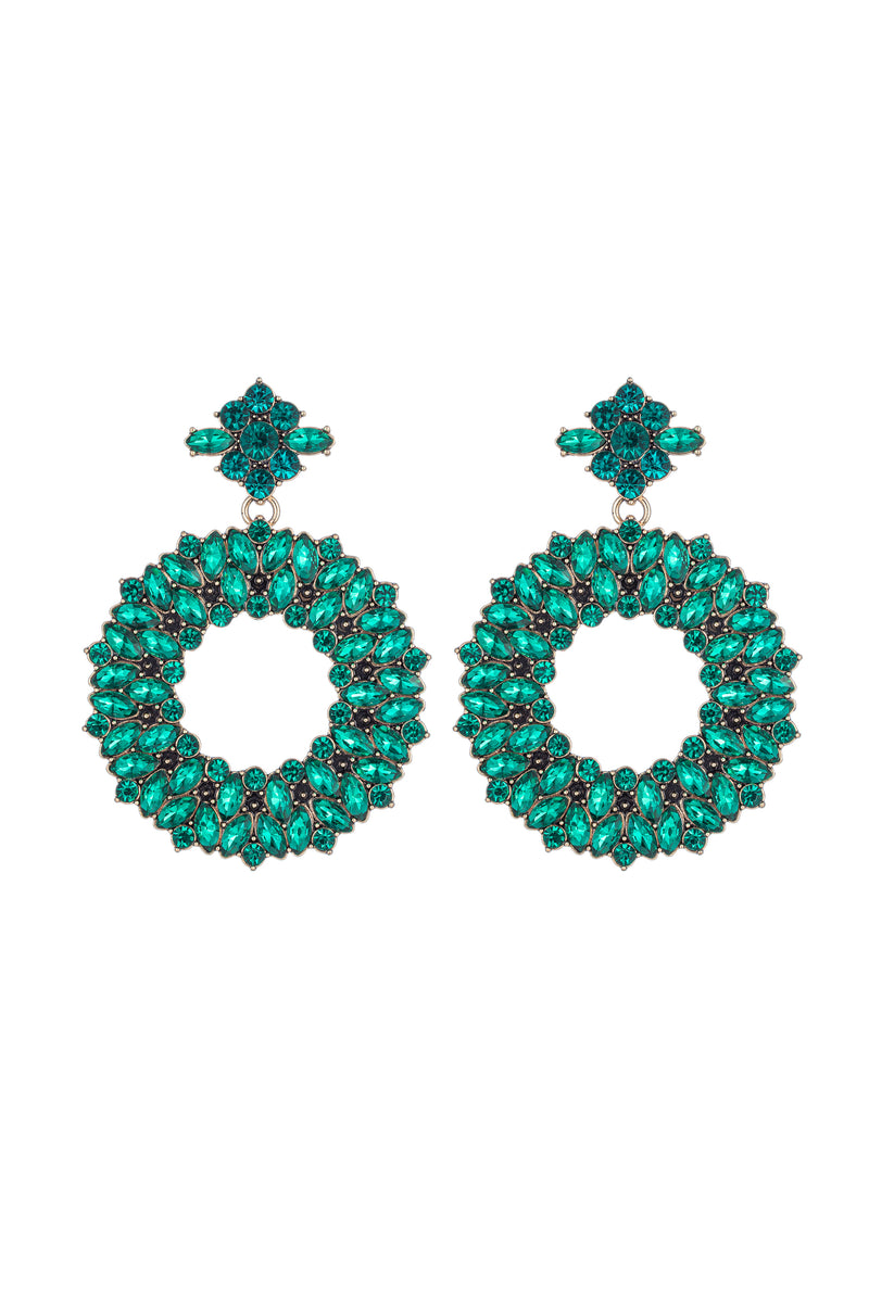 Green loop drop earrings studded with green glass crystals.