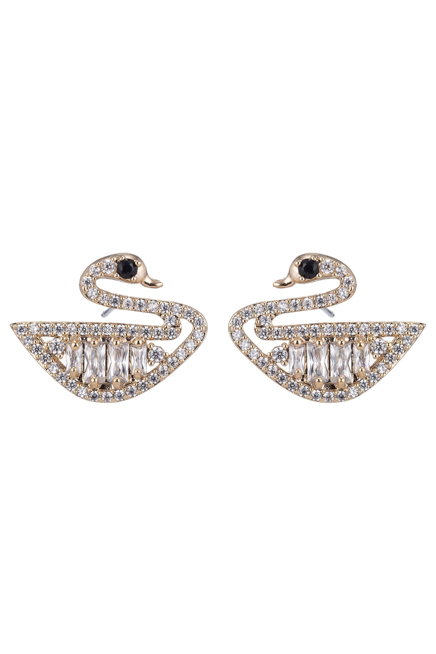 Cute pair of swan stud earrings studded with shiny cubic zirconia stones.