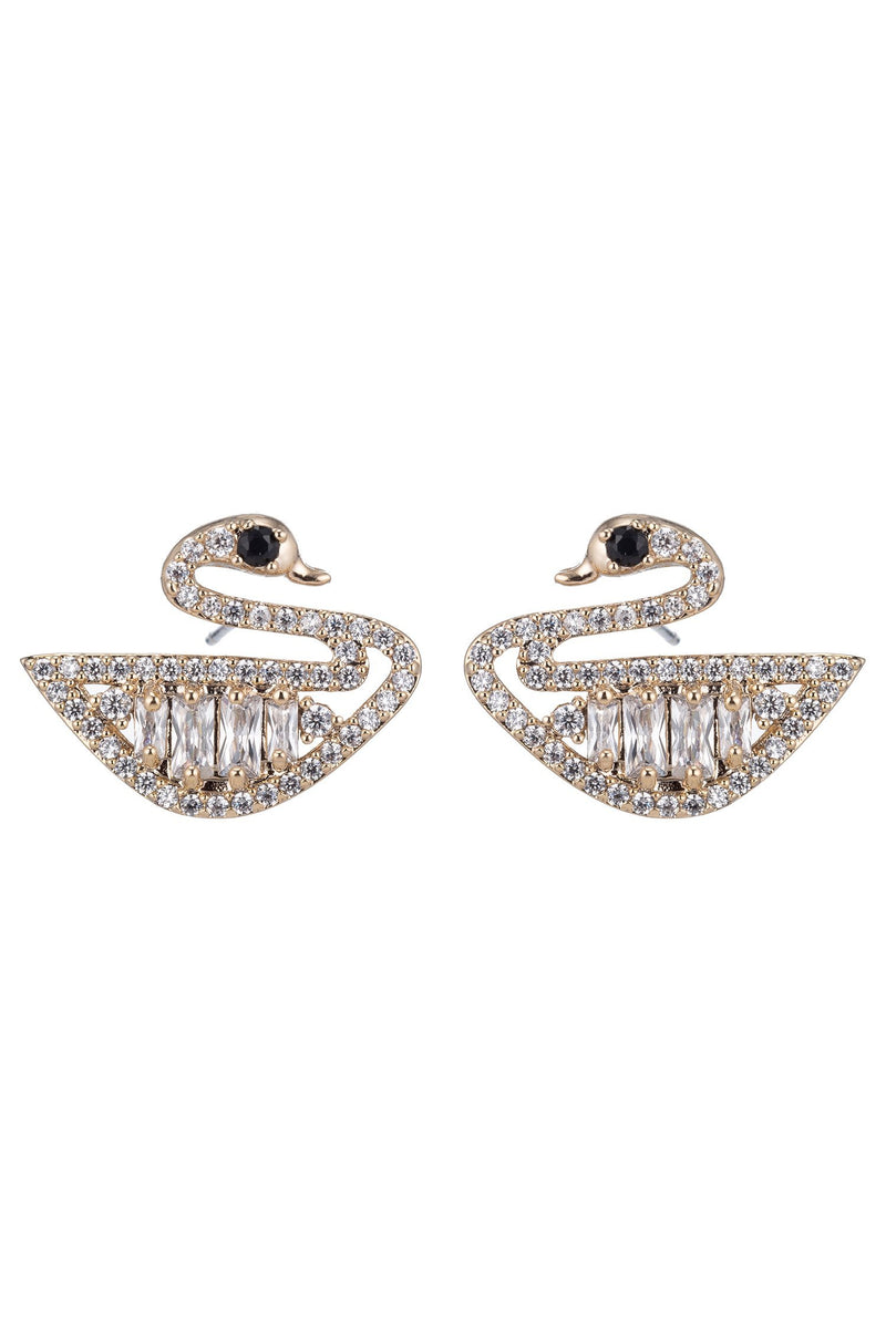Cute pair of swan stud earrings studded with shiny cubic zirconia stones.