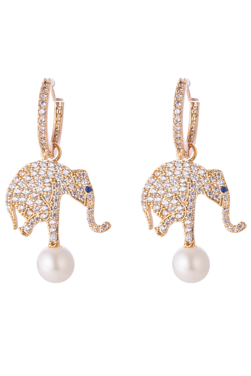 Gold hoop elephant earrings studded with CZ crystals.