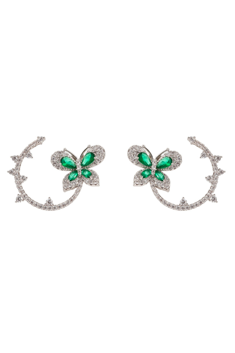Rhodium plated green butterfly brass CZ earrings.