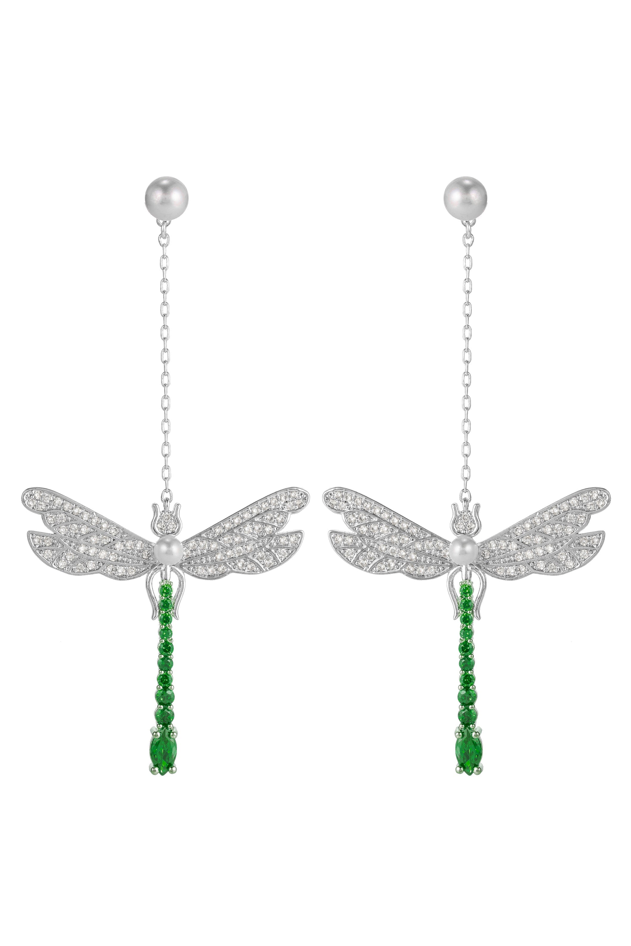 Green Dragonfly CZ Drop Earrings