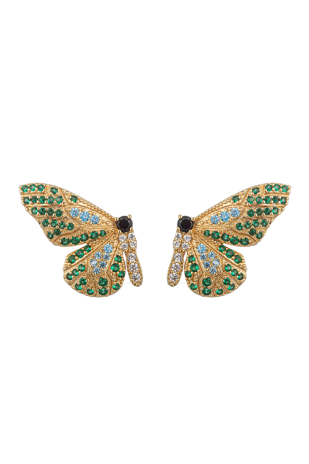 Gold tone brass butterfly wing earrings studded with multicolored CZ & glass crystals.