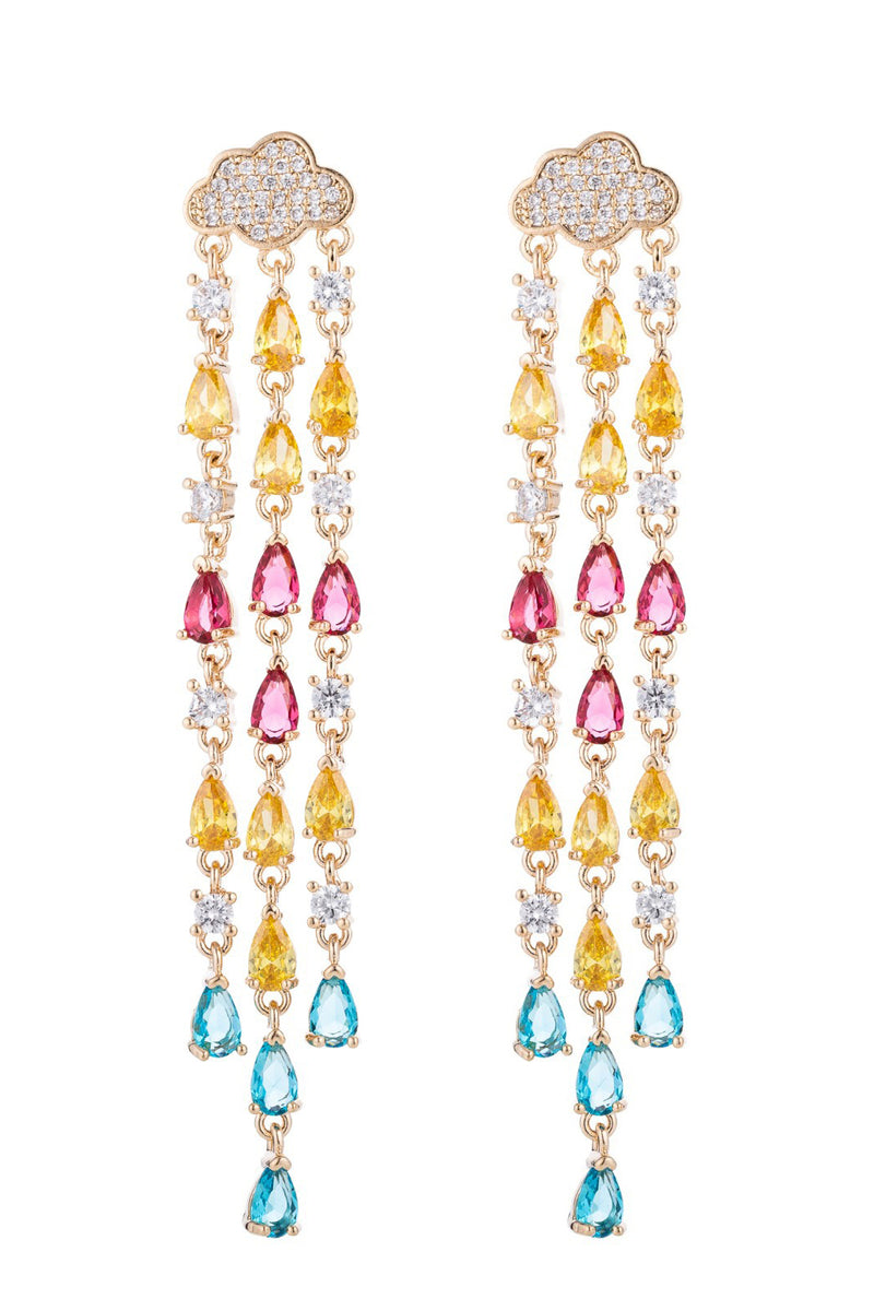 Gold tone brass double rain cloud statement earrings studded with CZ crystals.