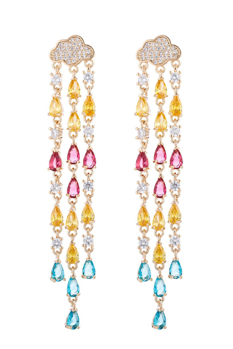 Gold tone brass double rain cloud statement earrings studded with CZ crystals.