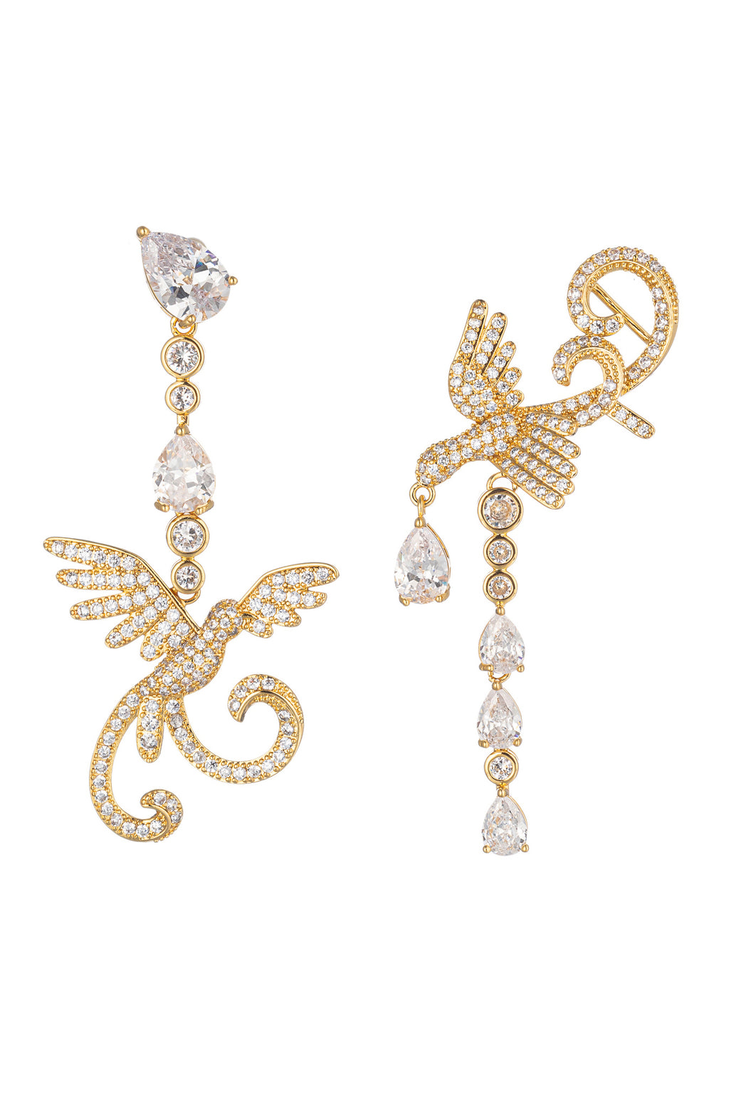 Gold tone brass bird pendant dangle earrings studded with CZ crystals.