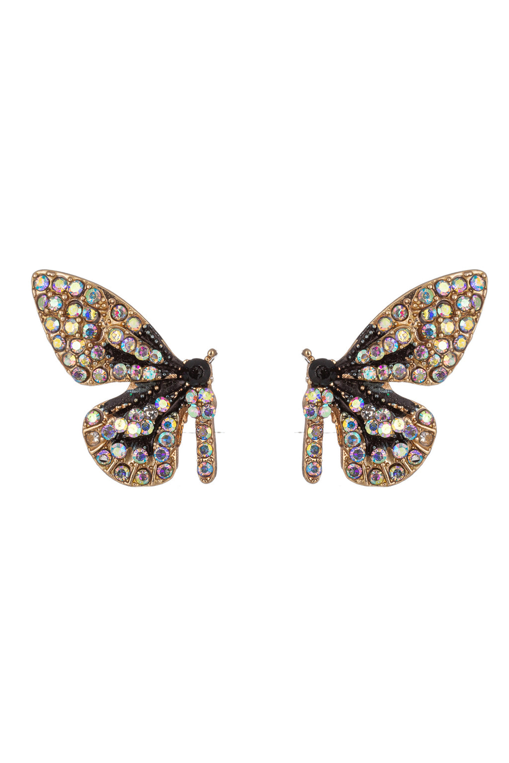 Butterfly wing earrings studded with glass crystals.