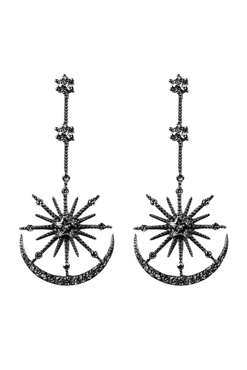 Black tone brass black star statement earrings studded with CZ crystals.