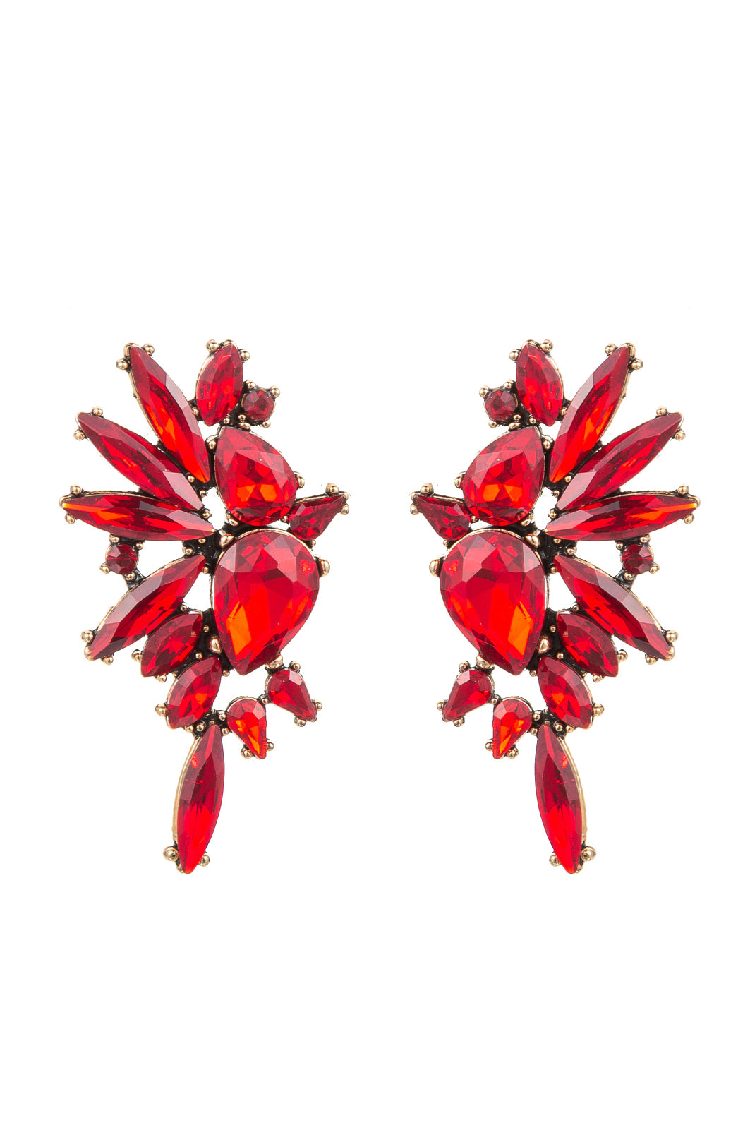 Red alloy statement earrings studded with glass crystals.