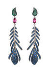 Blue feather statement earrings studded with CZ crystals.