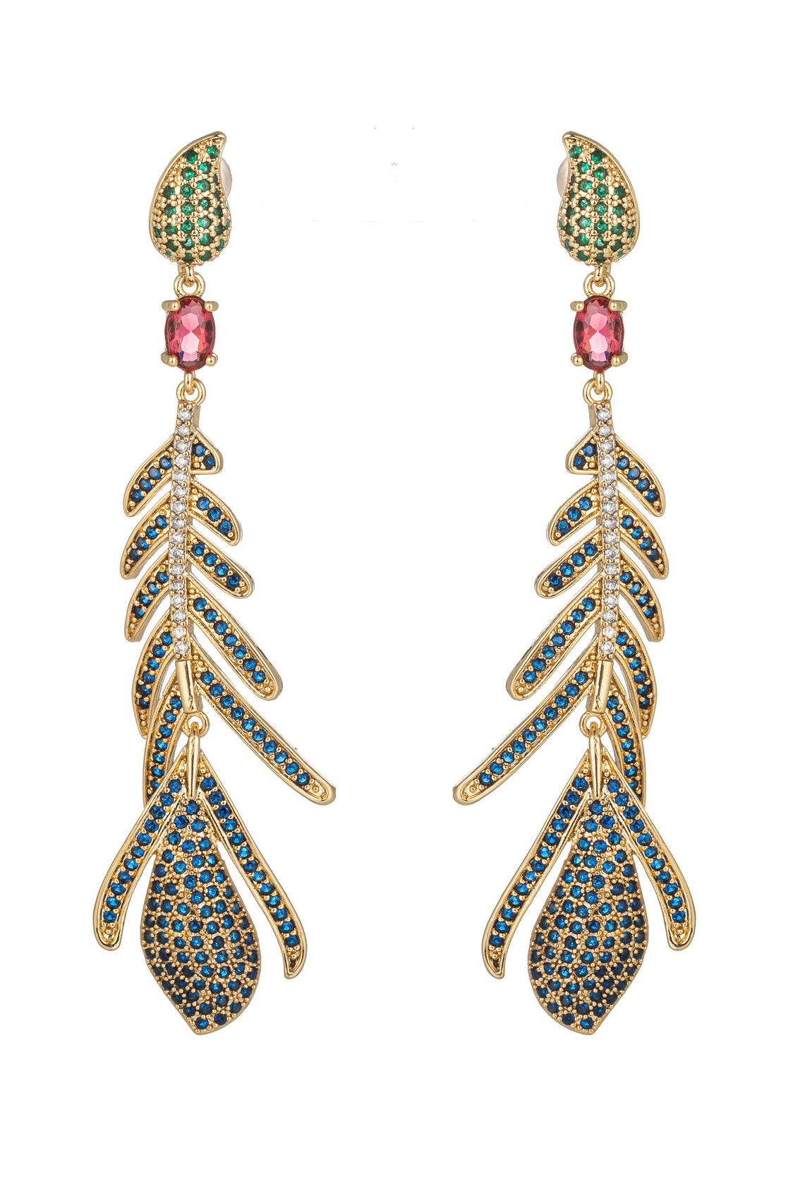 Gold tone brass feather pendant earrings studded CZ crystals.