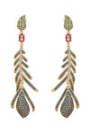 Gold tone brass feather pendant earrings studded CZ crystals.