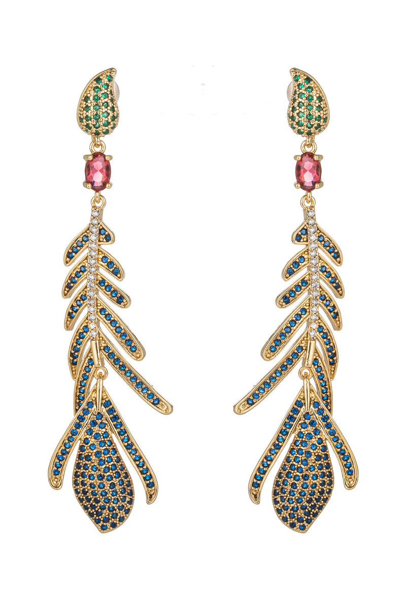 Gold tone brass feather pendant earrings studded CZ crystals.