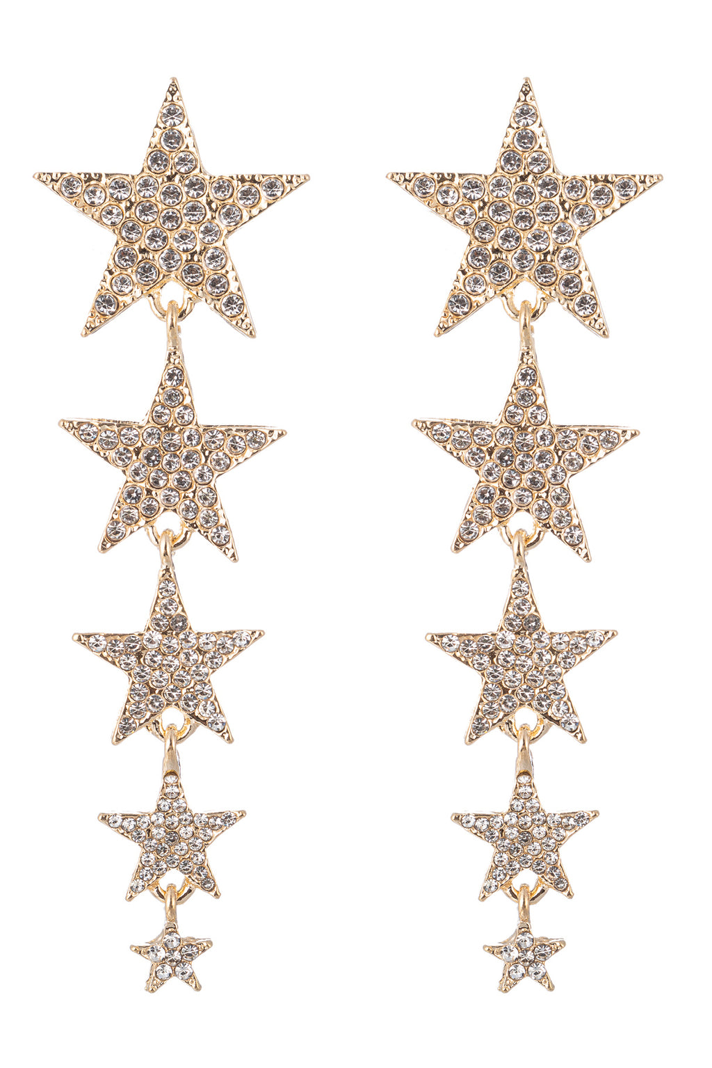 Dangling gold star earrings studded with glass crystals.