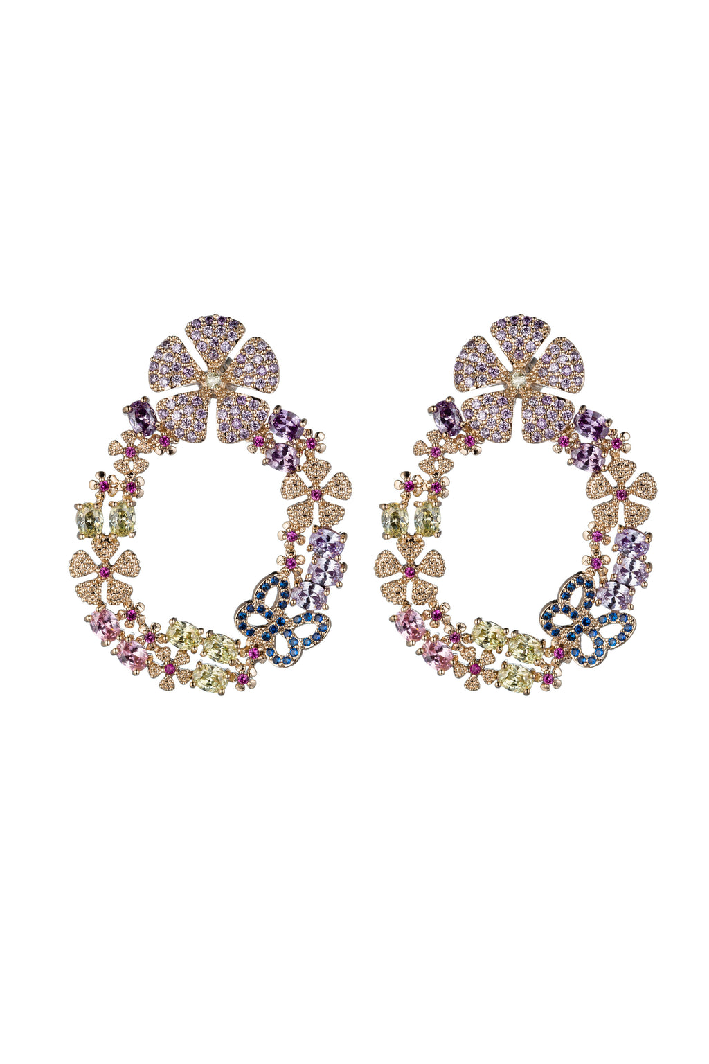Butterfly flower statement earrings studded with CZ crystals.