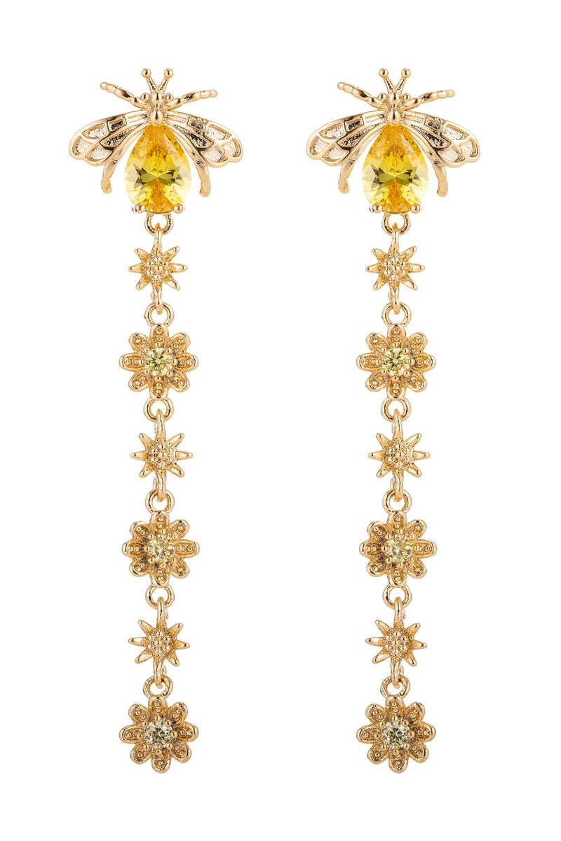 Pair of yellow bee earrings with chain link hanging from tail end of bee. Chain features gold cubic zirconia flowers.
