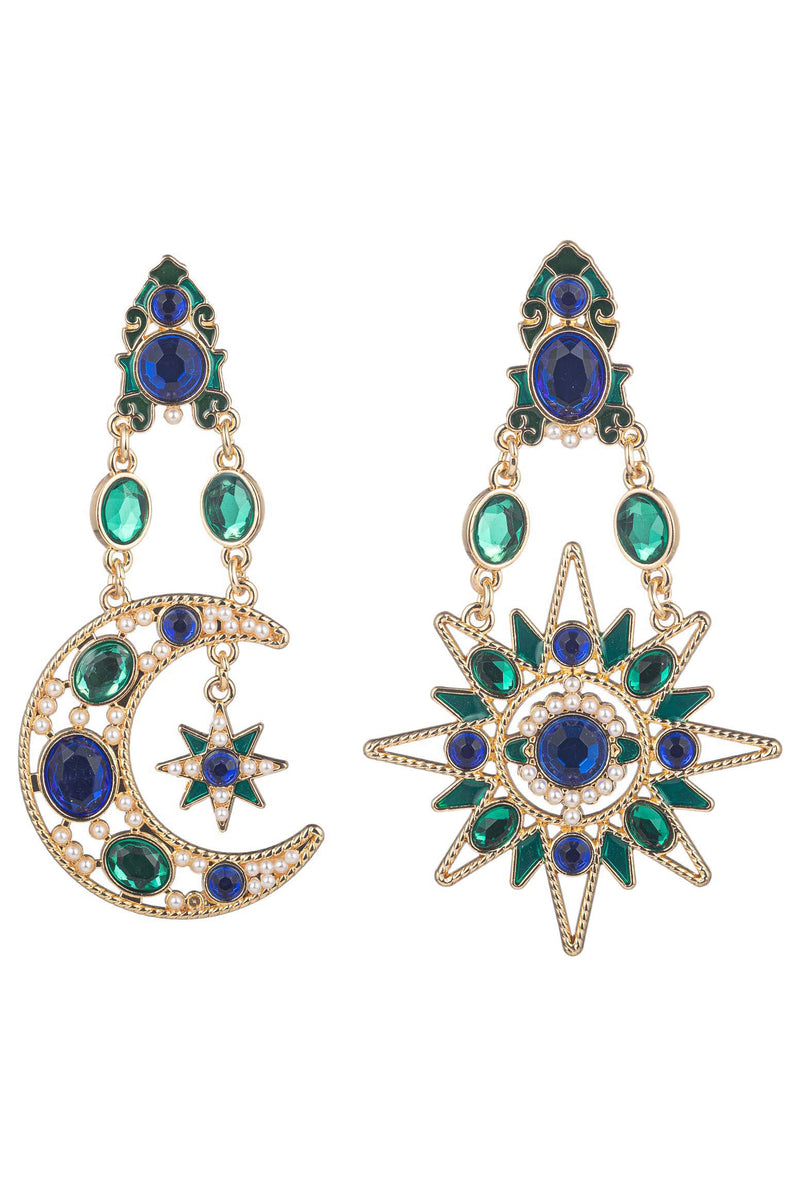 star and moon blue and green drop earring
