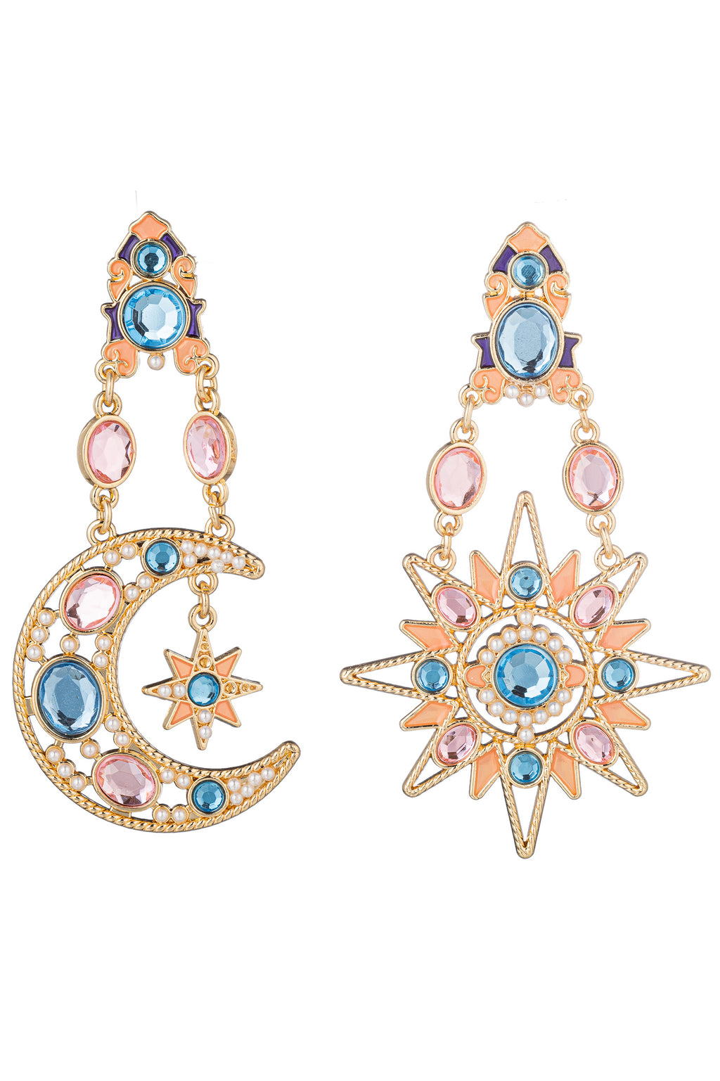 star and moon pink and gold drop earring