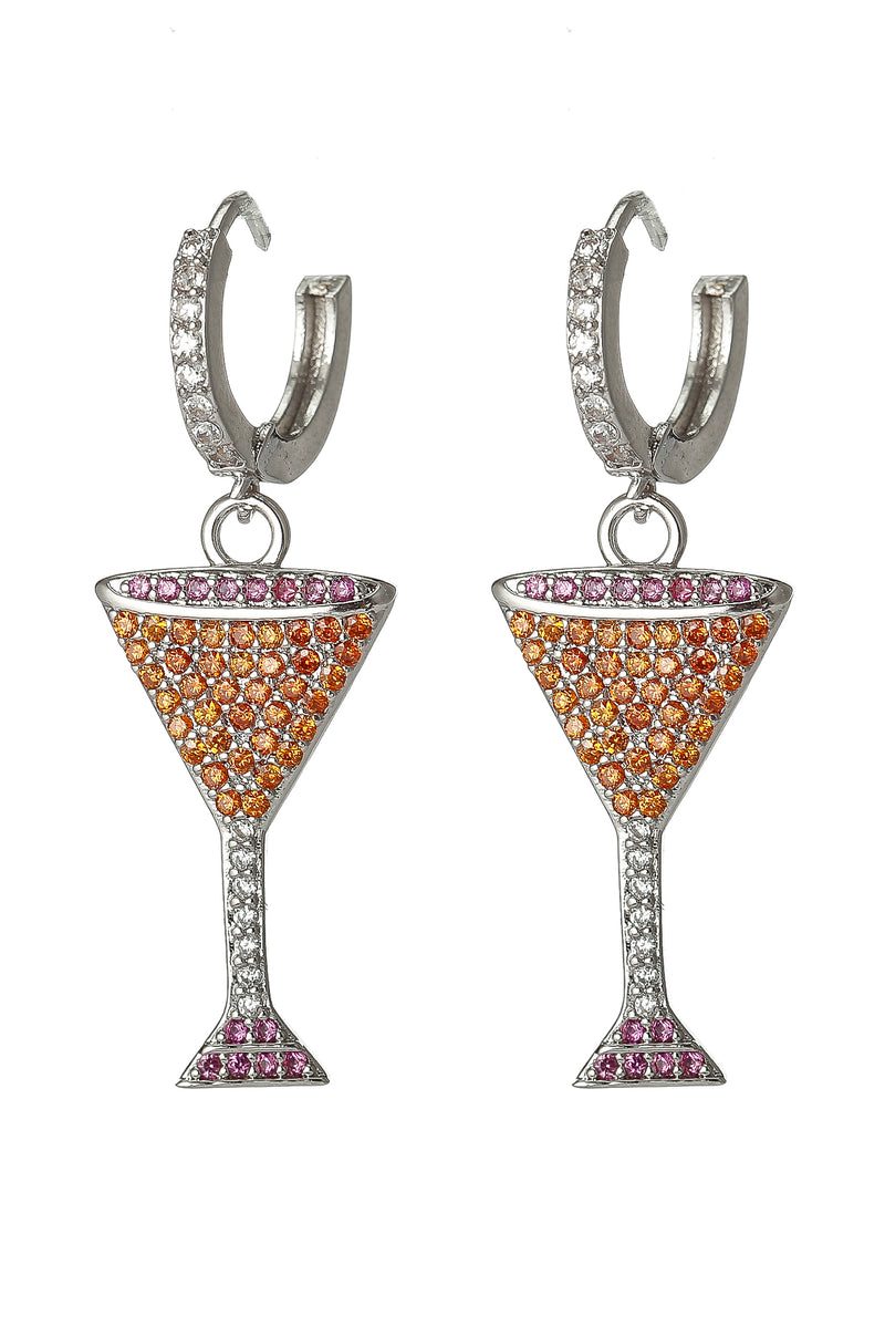 Martini glass huggie earrings studded with CZ crystals.