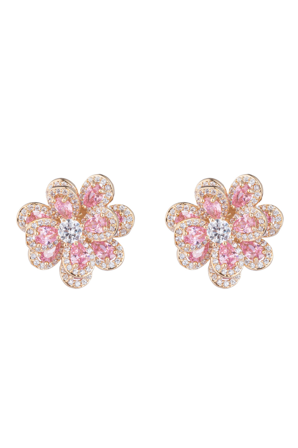 Pink flower stud earrings studded with CZ crystals.