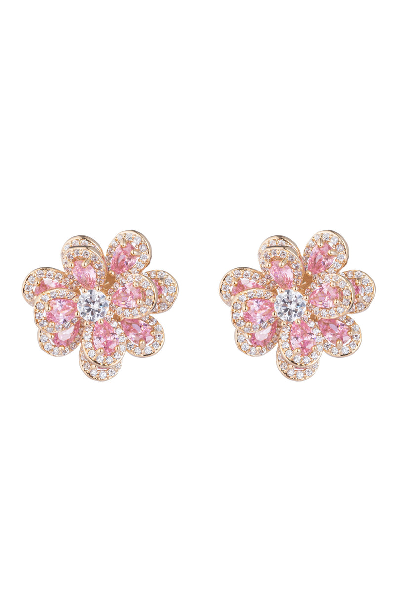 Pink flower stud earrings studded with CZ crystals.