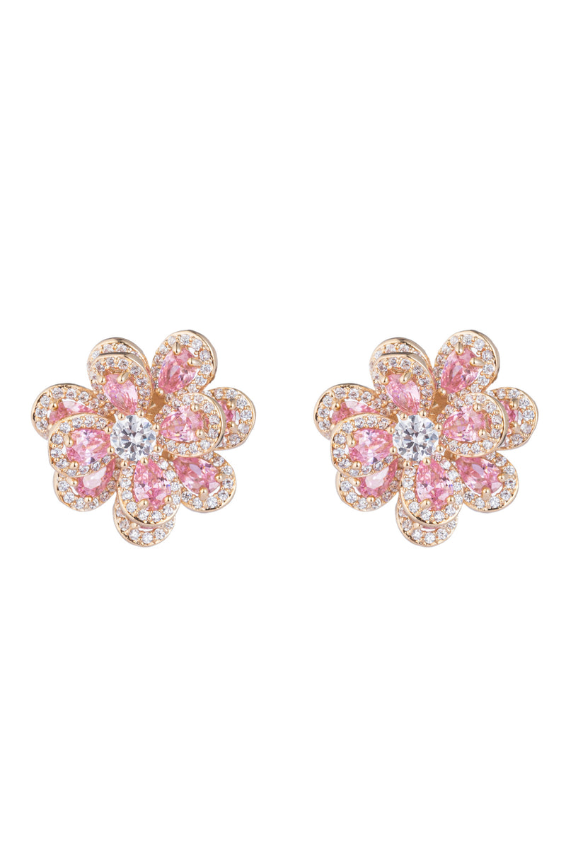 Pink flower stud earrings studded with CZ crystals.
