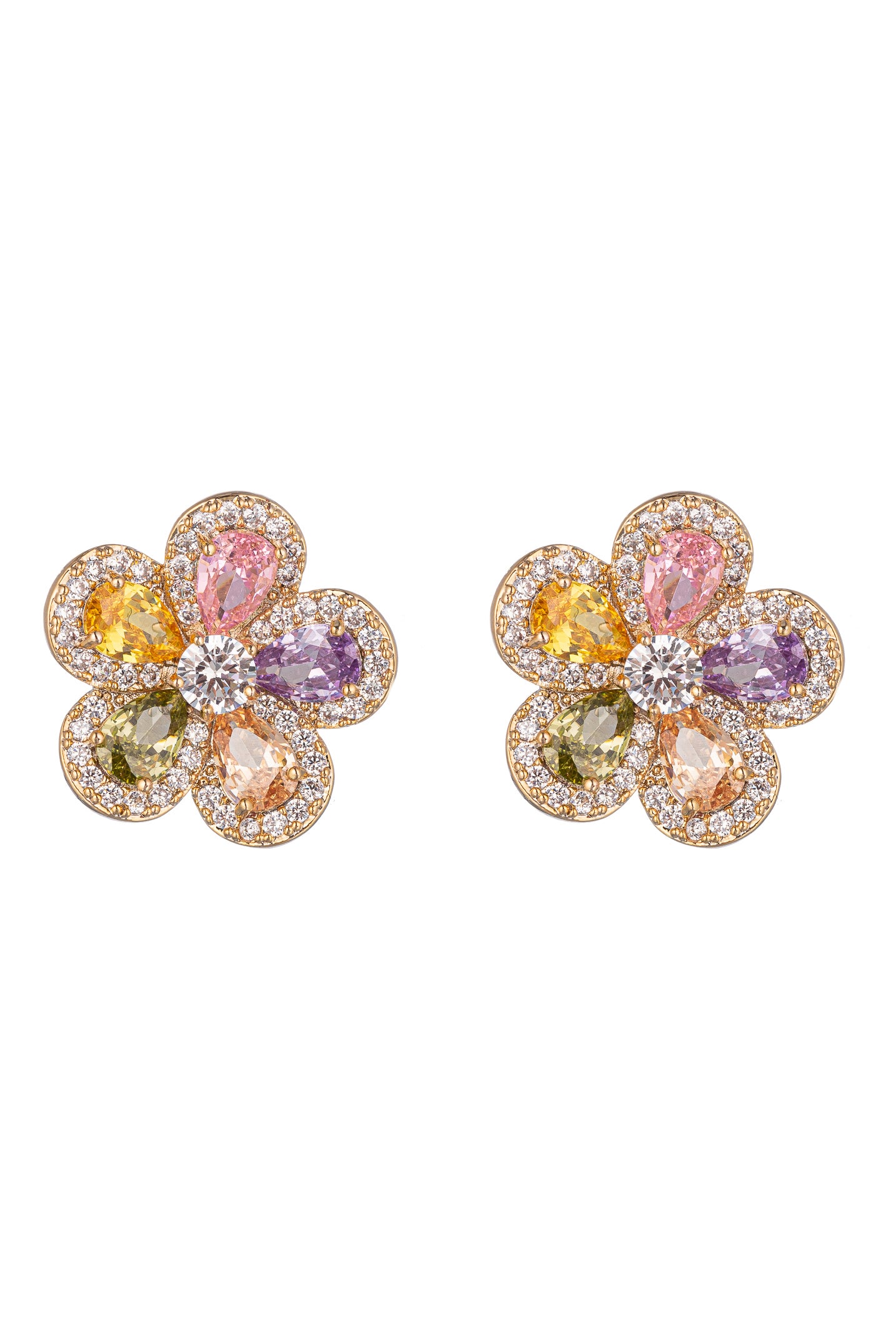 Gold tone brass flower stud earrings studded with multicolored CZ crystals.
