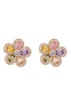 Gold tone brass flower stud earrings studded with multicolored CZ crystals.