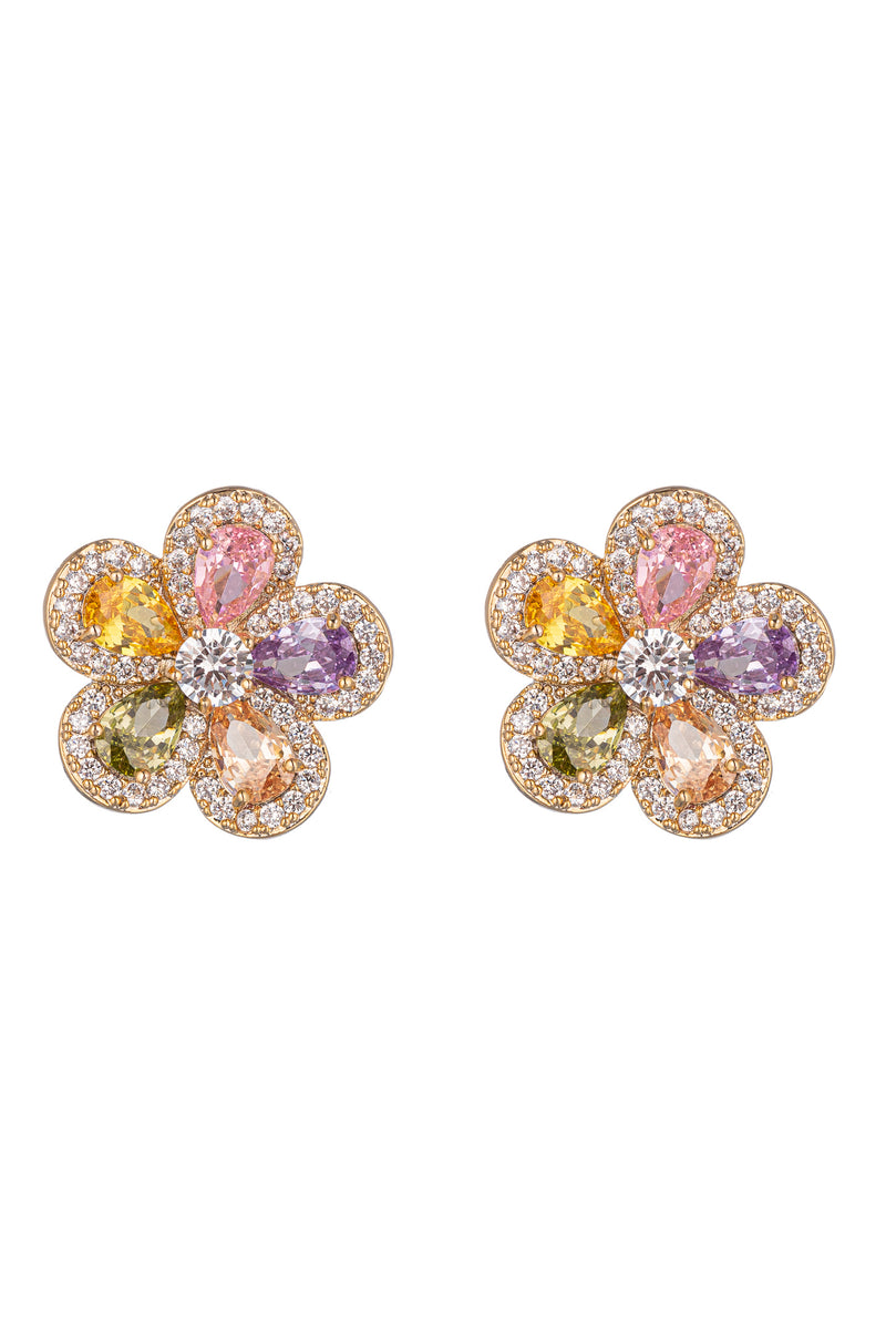 Gold tone brass flower stud earrings studded with multicolored CZ crystals.