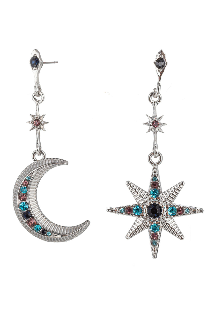 Silver alloy moon and star drop earrings studded with glass crystals.