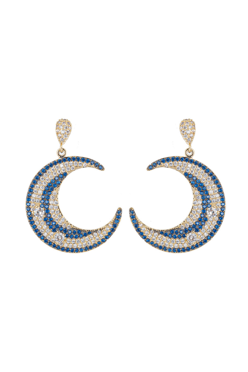 Gold brass blue moon pendant dangle earrings studded with CZ crystals.