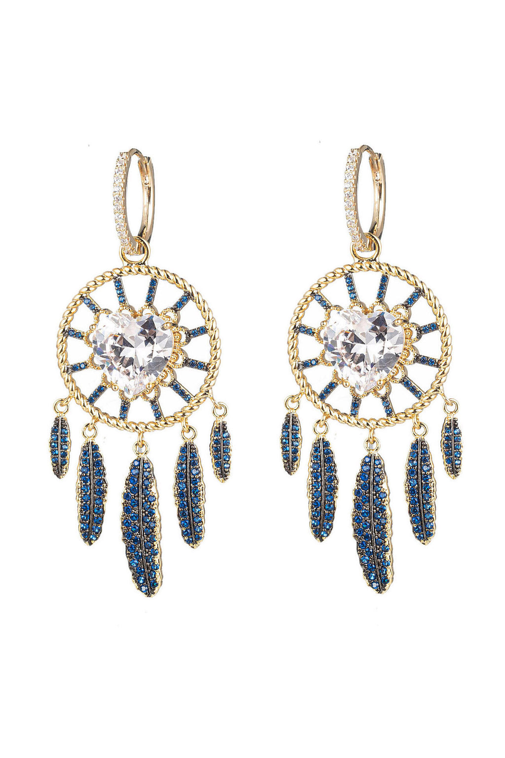 Gold brass dreamcatcher dangle earrings studded with CZ crystals.