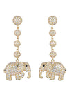 Gold brass elephant pendant drop earrings studded with CZ crystals.