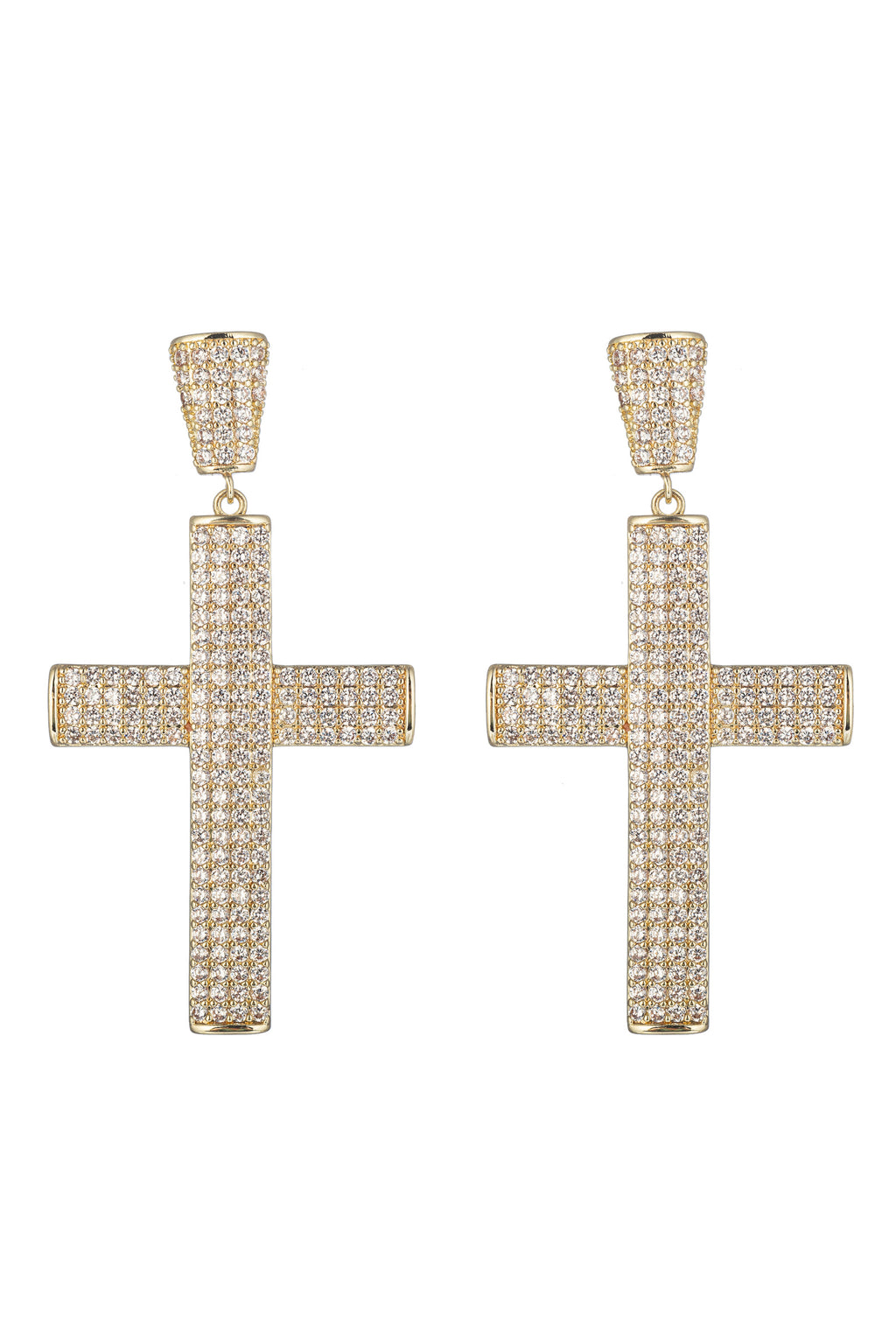 Gold brass double cross drop earrings studded with CZ crystals.