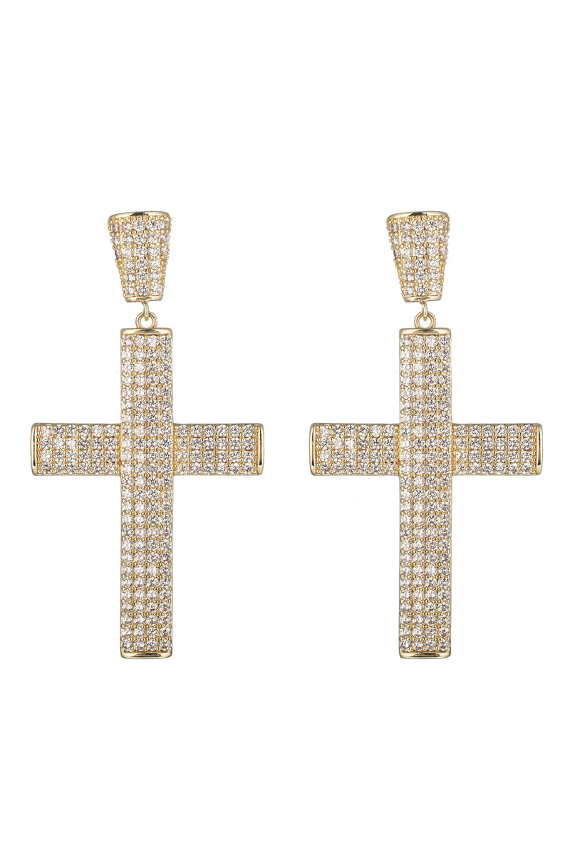 Gold brass double cross drop earrings studded with CZ crystals.