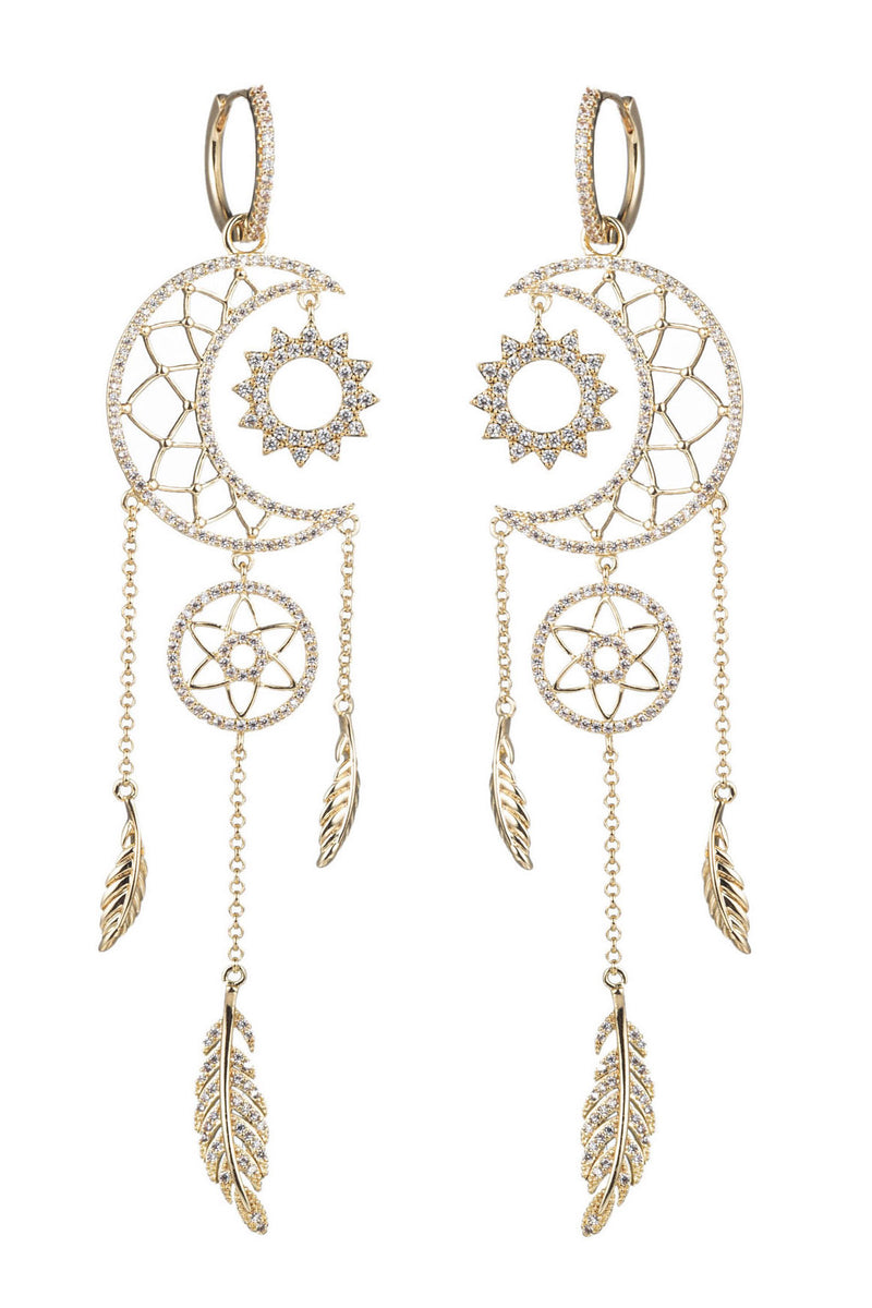 Gold brass dreamcatcher huggie earrings studded with CZ crystals.