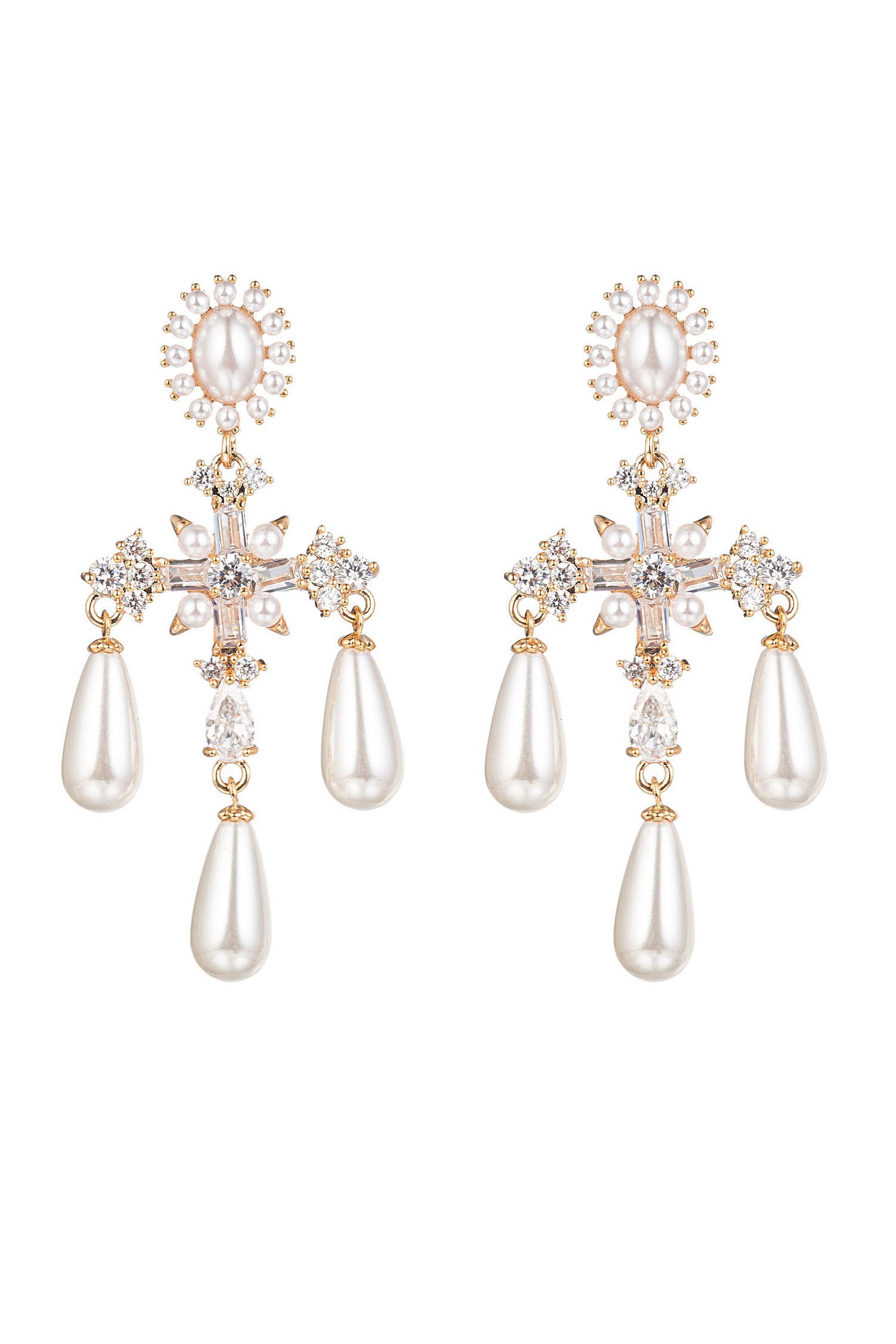 Gold brass roman cross drop earrings studded with CZ crystals.