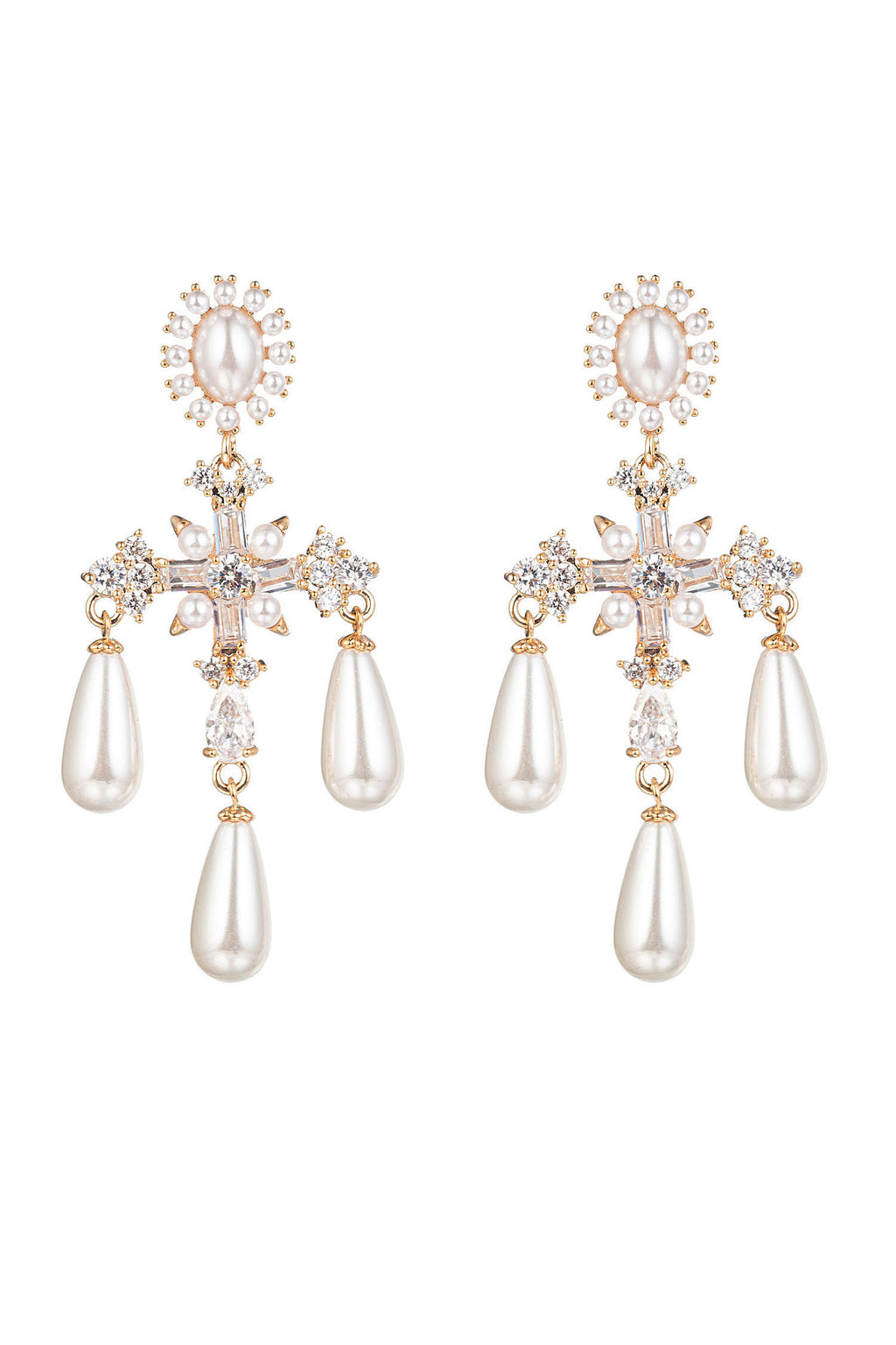 Gold brass roman cross drop earrings studded with CZ crystals.