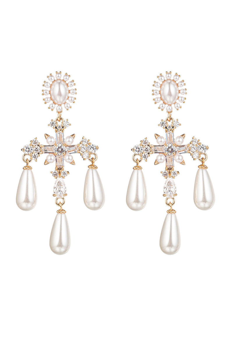 Gold brass roman cross drop earrings studded with CZ crystals.