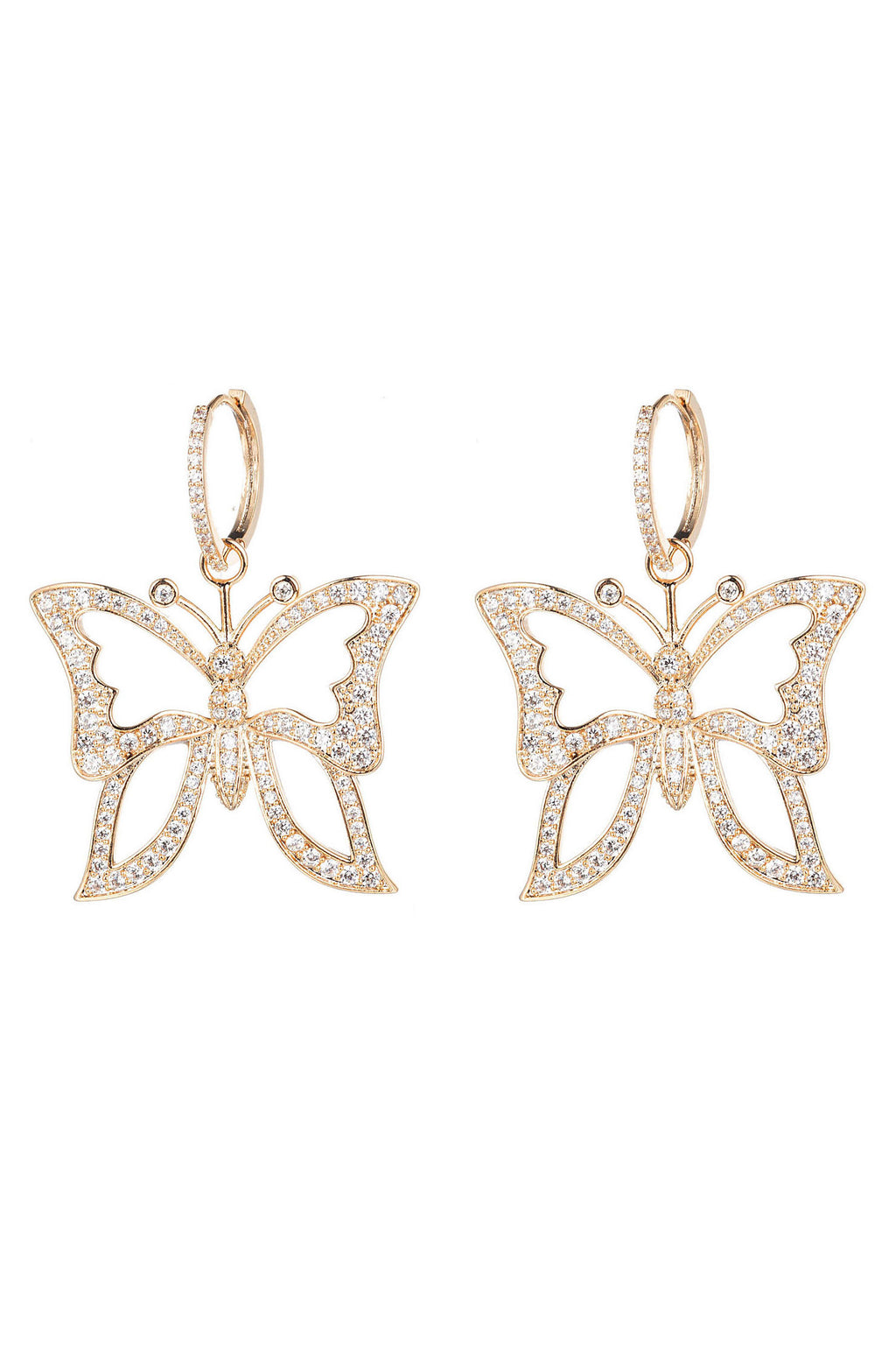 Gold brass butterfly dangle earrings studded with CZ crystals.