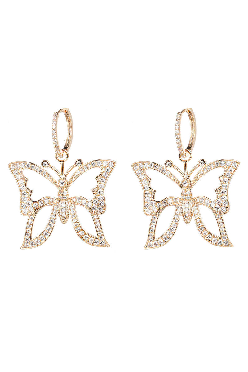 Gold brass butterfly dangle earrings studded with CZ crystals.