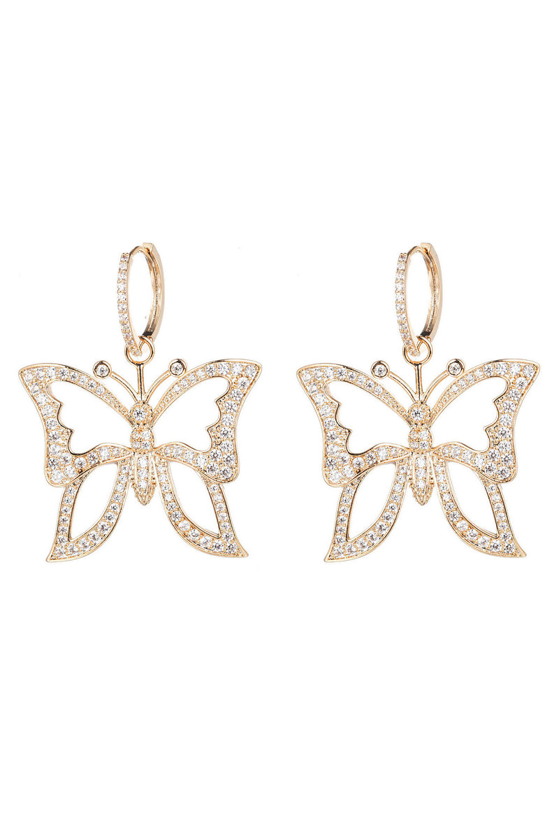 Gold brass butterfly dangle earrings studded with CZ crystals.