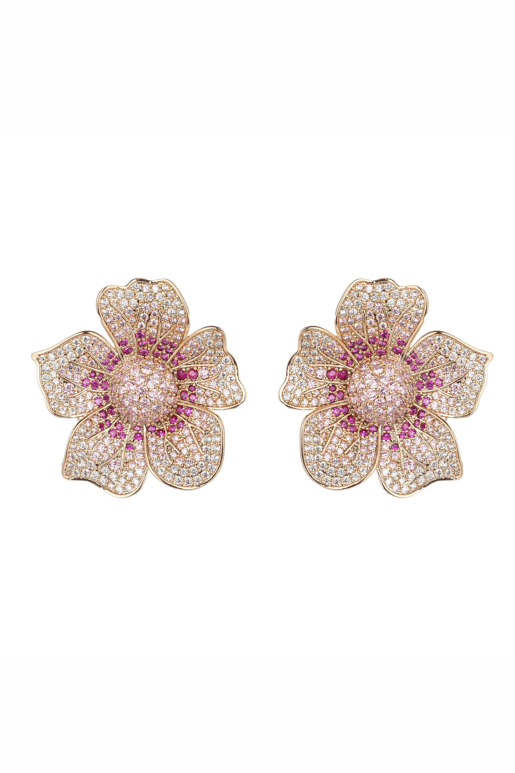 Gold tone brass flower earrings studded with CZ crystals.