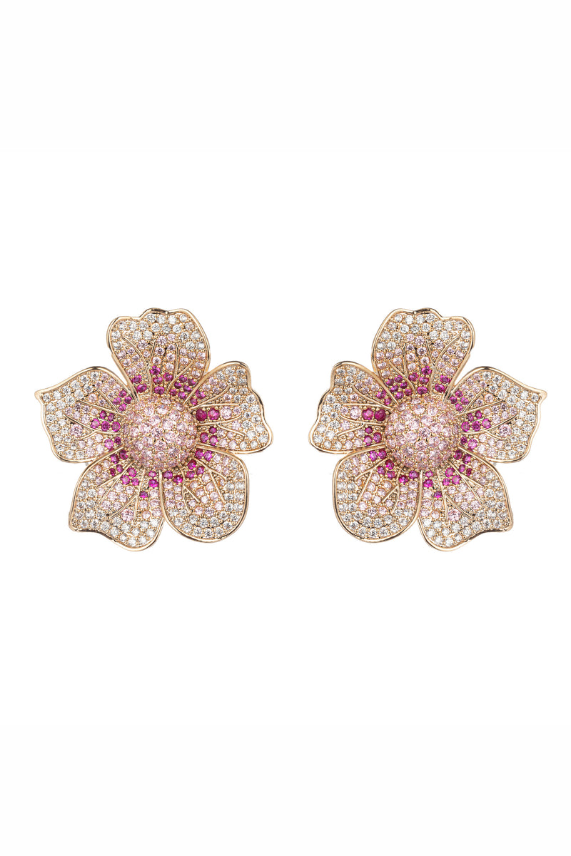 Gold tone brass flower earrings studded with CZ crystals.