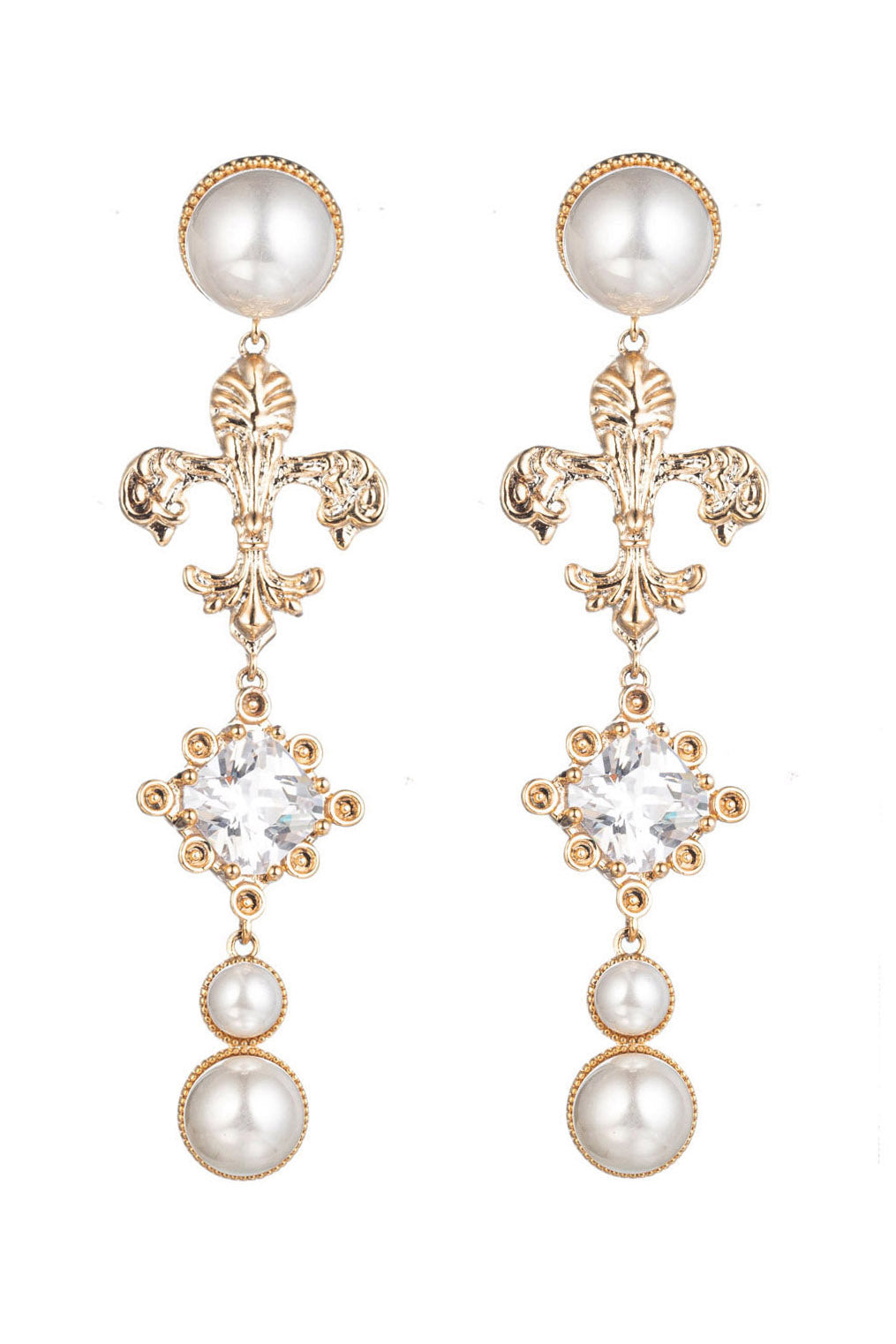 Gold tone brass drop earrings studded with shell pearls and CZ crystals.