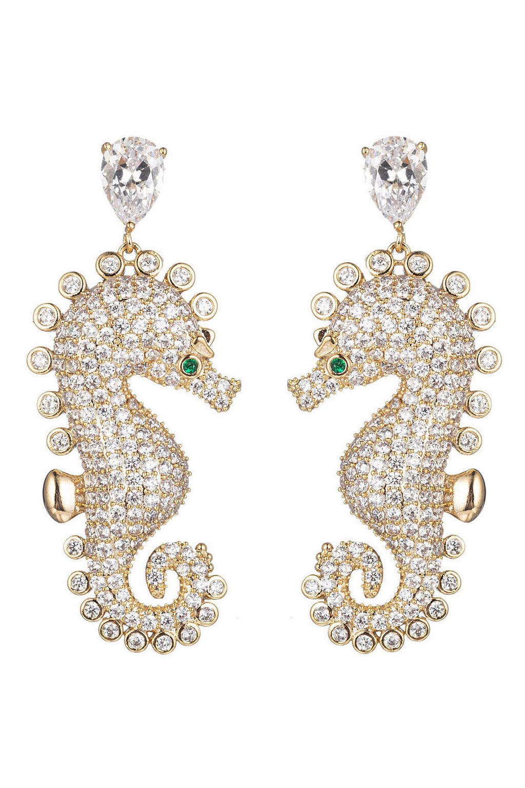 Gold brass seahorse pendant earrings studded with CZ crystals.