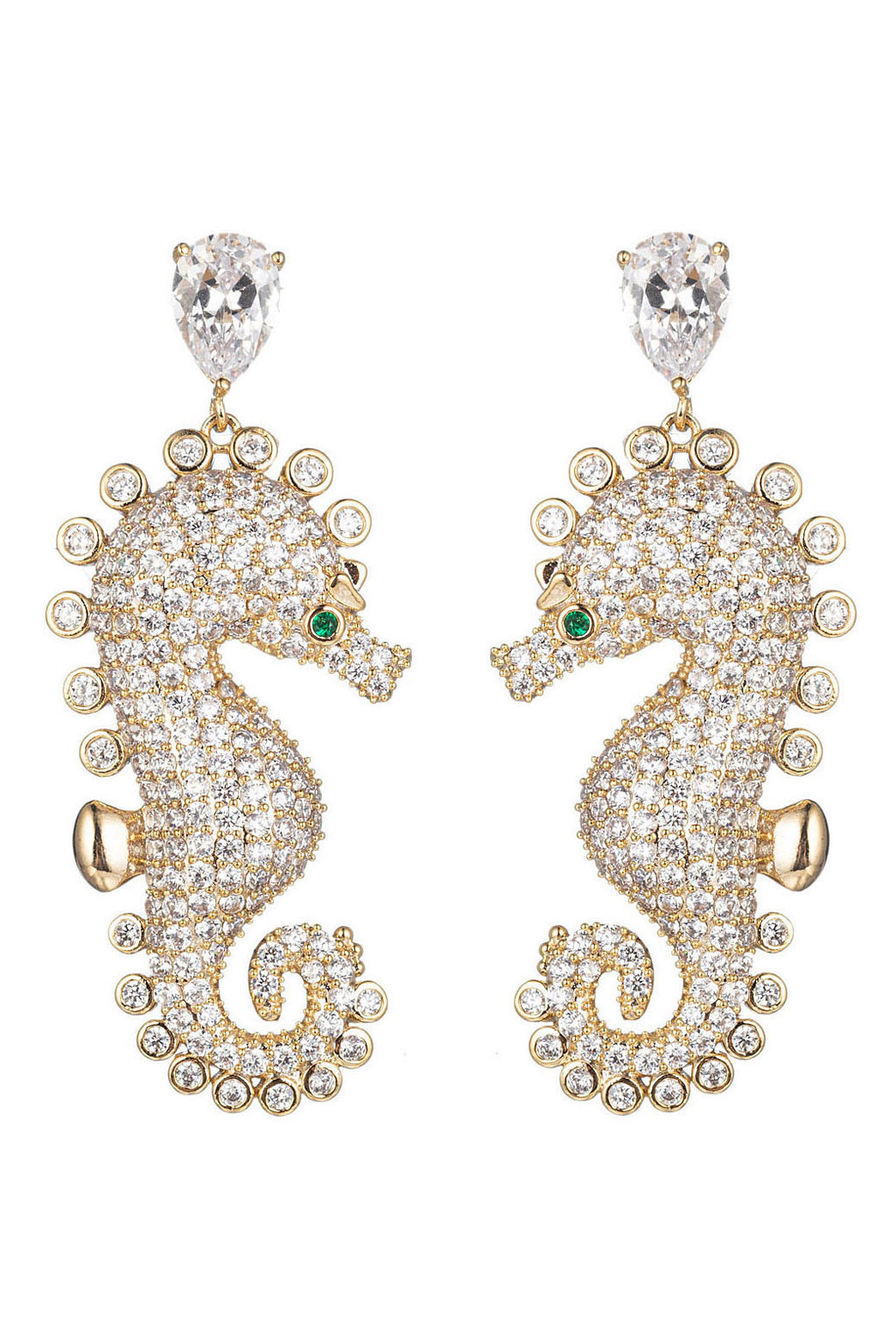 Gold brass seahorse pendant earrings studded with CZ crystals.