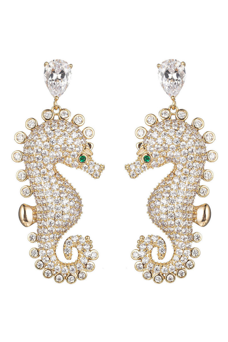 Gold brass seahorse pendant earrings studded with CZ crystals.