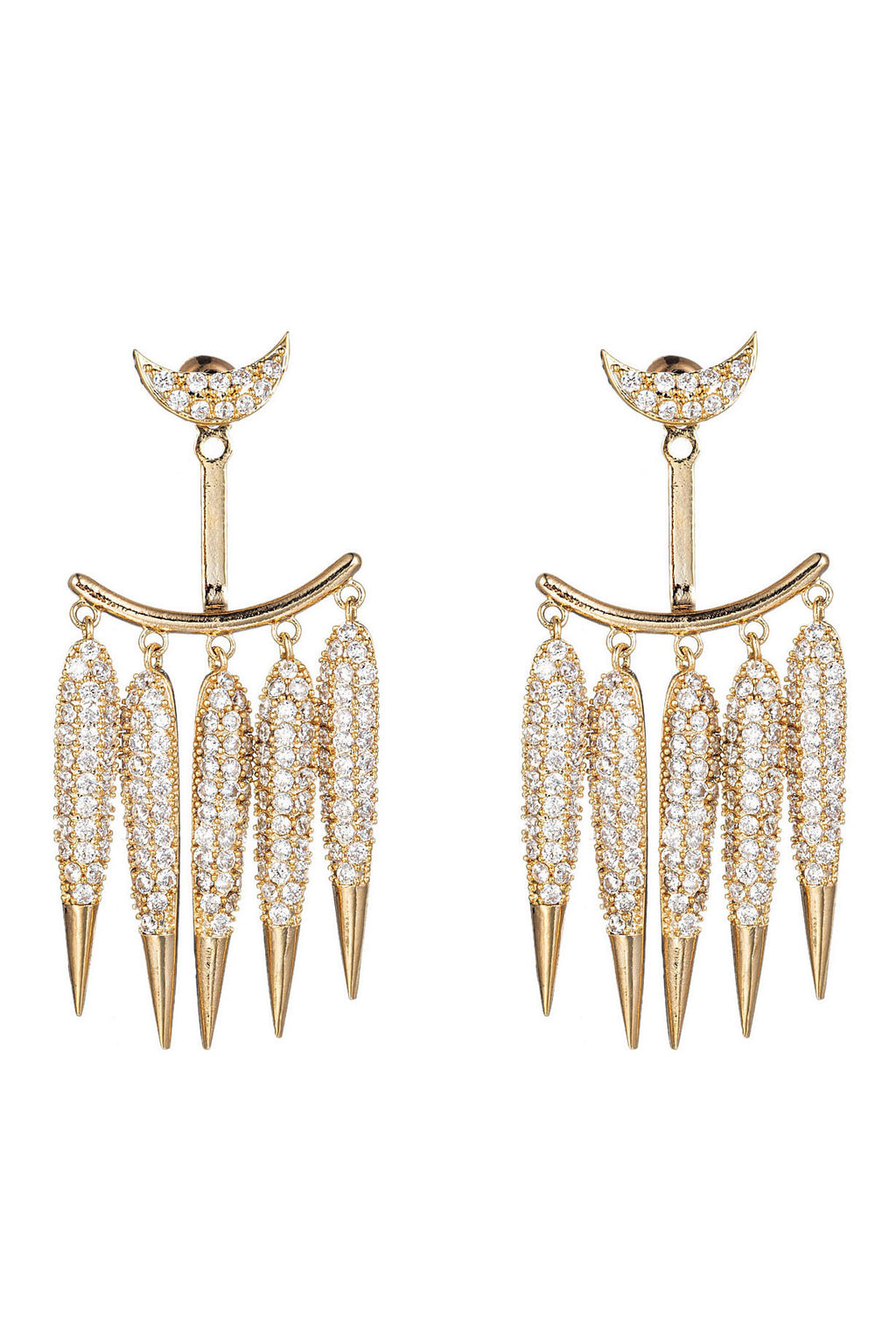 Gold brass moon spike drop earrings studded with CZ crystals.