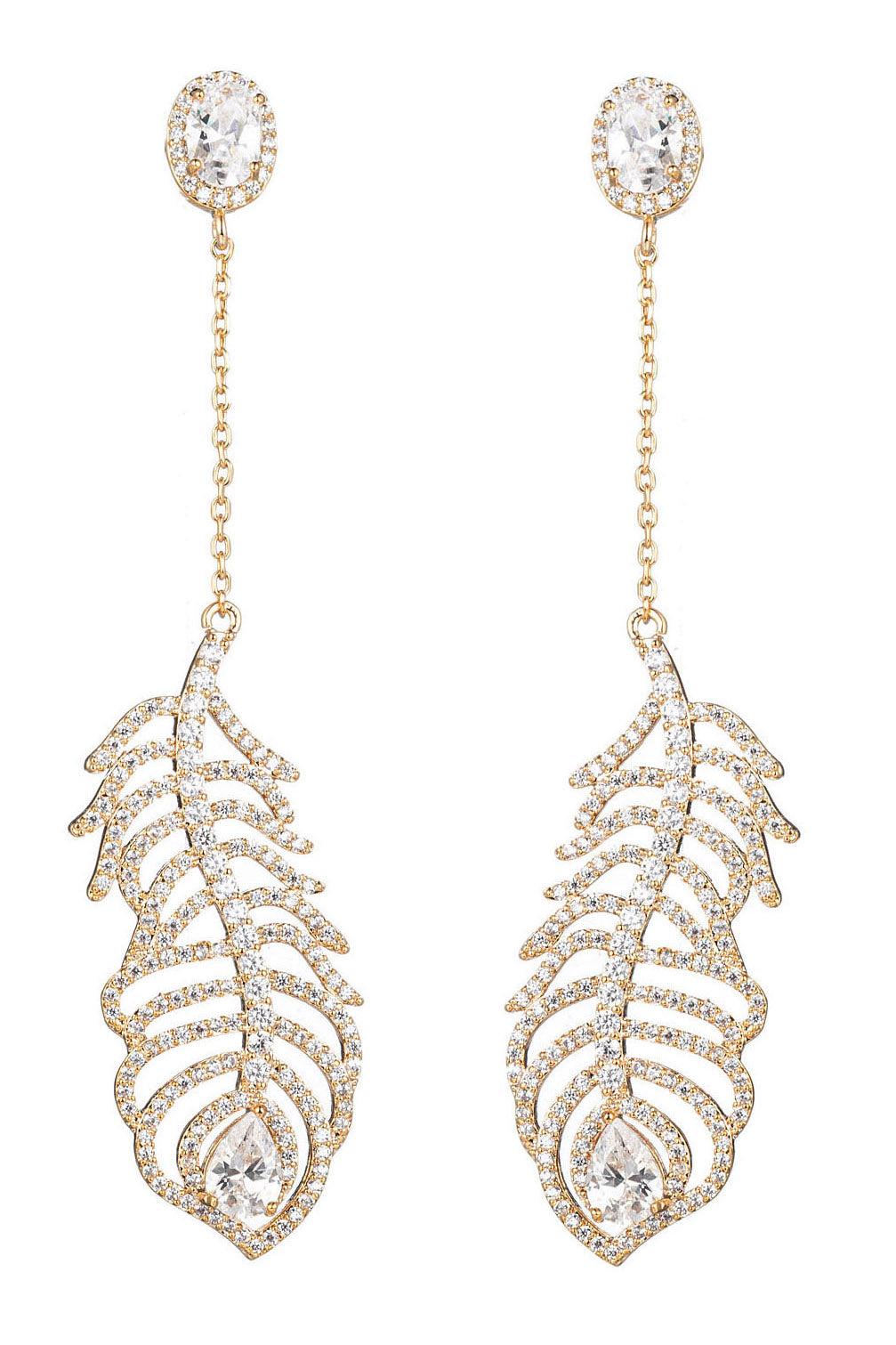 Golden peacock feather drop earrings studded with CZ crystals.